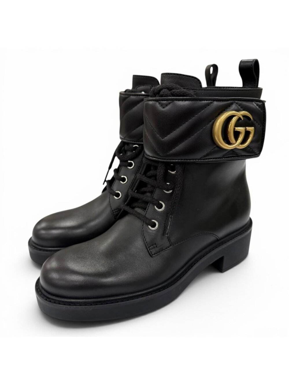 Gucci GG Marmont Leather Short Boots Black Gold Boxes 35